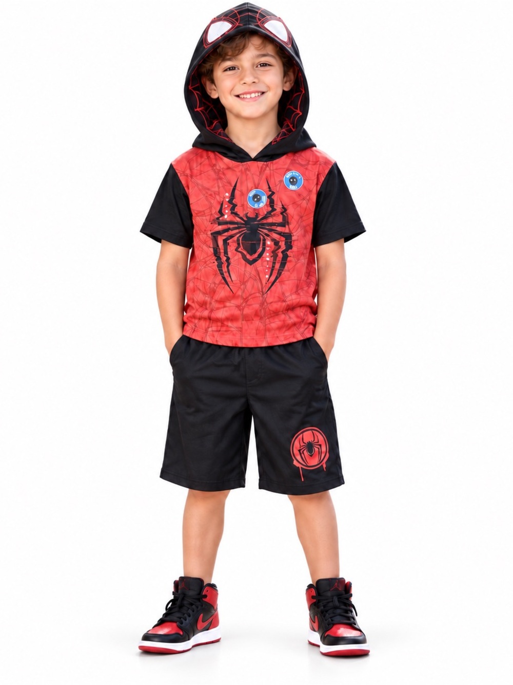 Marvel Spider-Man Miles Morales Boys Size 7 Hooded Tee Shorts 2PC Outfit Set NWT